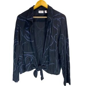 Chicos Travelers Womens Size 2 Black Blue Swirl Ribbon Tie Front Cardigan Top